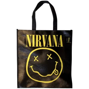 Nirvana Eco Shopper - Yellow Happy Face (Black) (Back Print) - Чанта