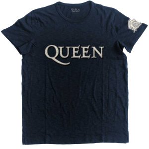 Queen Unisex T-Shirt: Logo & Crest Applique (Navy Blue) (Embellished) - Тениска